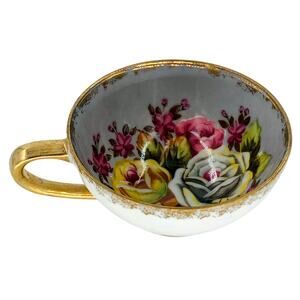 HB China Floral Tea Cup 2191 White Iridescent Gold Trim Gray Lusterware Roses